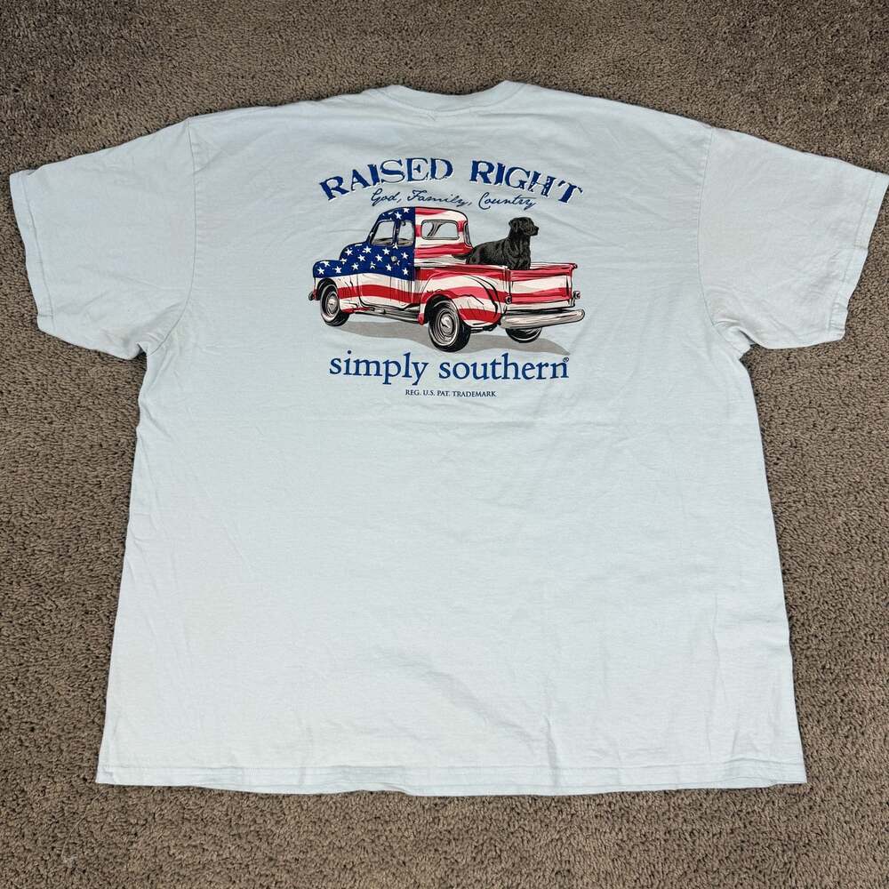 Simply Southern Shirt Mens 2XL Blue Raised Right USA Flag Truck Dog Graphic Tee